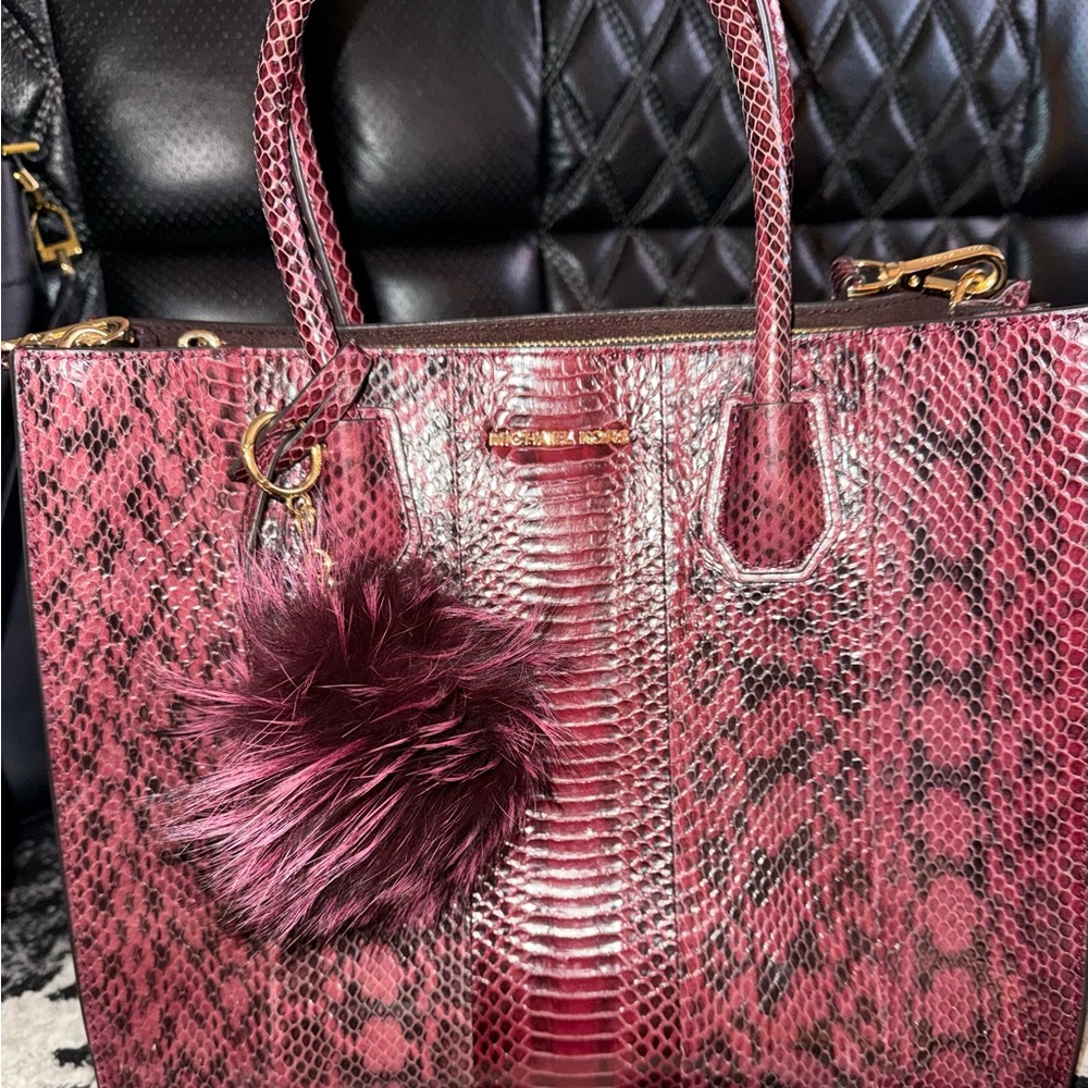 Michael Kors Merlot Snake Print Large Mercer Tote Bag